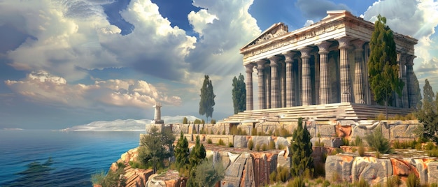Ancient Greek temple over sea on sky background landscape with old building in summer Concept of Greece antique civilization travel