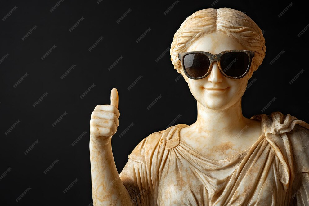 Ancient Greek white statue of a smiling woman wearing sunglasses thumb