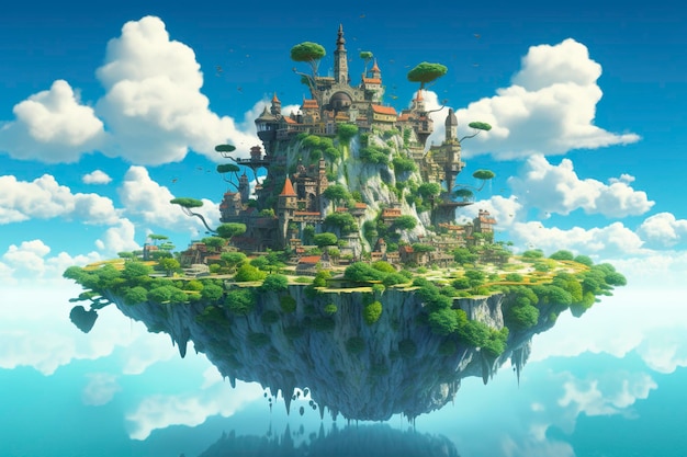 Ancient heavenly floating island in the sky with a castle vibrant fantasypunk ai generative