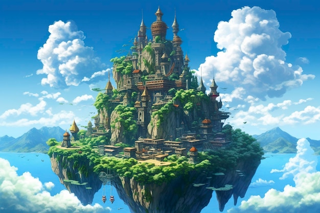 Древний Небесный Плавающий остров в небе с замком яркий фэнтези-панк ИИ Генератив