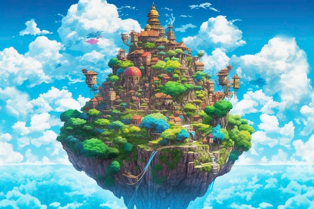 Ancient heavenly floating island in the sky with a castle vibrant fantasypunk