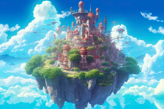 Ancient Heavenly Floating island in the sky with a castle vibrant fantasypunk