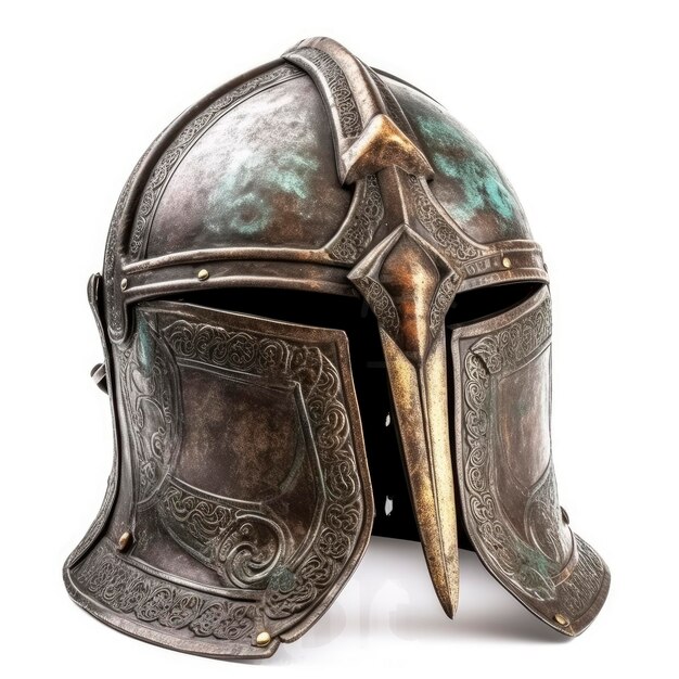 Ancient helmet made of steel isolated on white