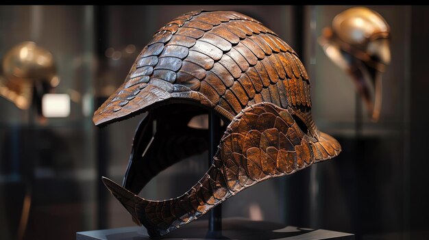 Photo an ancient helmet with a unique design made of bronze and featuring intricate scalelike details