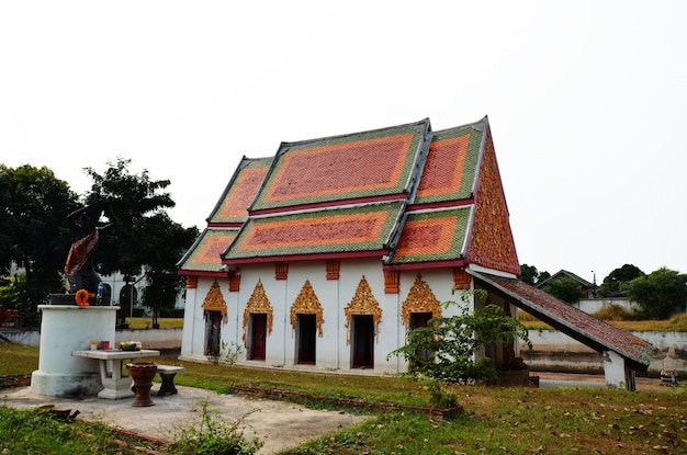 Ancient hermit monument or antique eremite statue for thai people and foreign travelers travel visit respect praying blessing holy worship at Wat khien or Khian buddhist temple in Nonthaburi Thailand