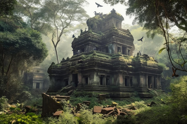 Ancient hindu temple in the midst of lush jungle with birds and monkeys flying overhead created with generative ai