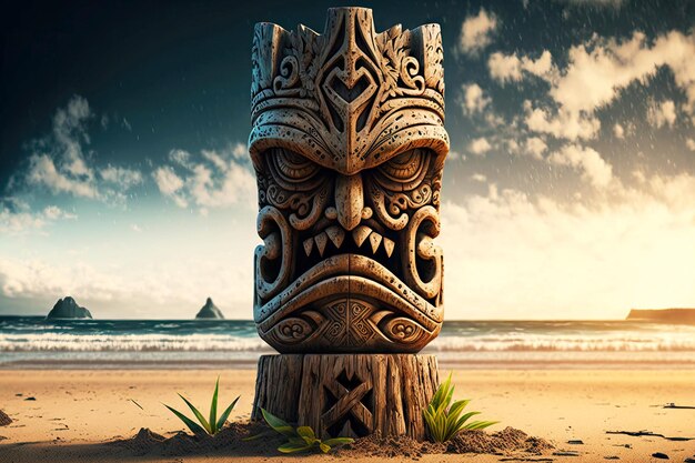 Photo ancient idols totem tiki mask on beach