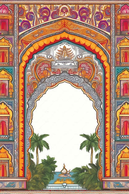 Photo ancient indian doorframe illustration 2d flat style indian wall art
