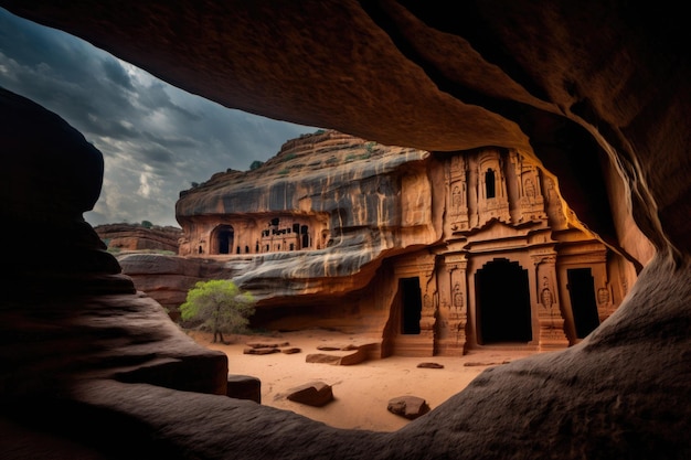 Ancient indian rock cut cave at badami