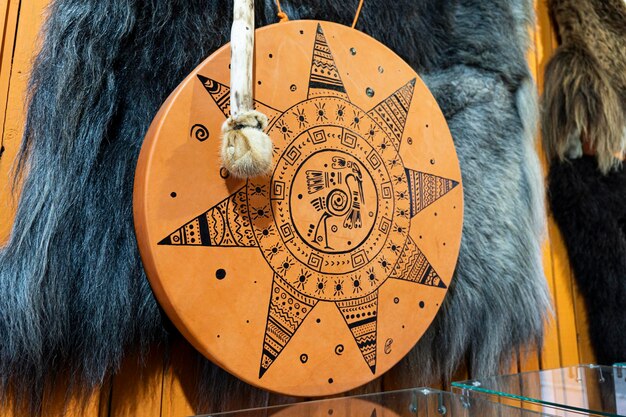 Ancient indian tambourine drum drumstick replica bear skin