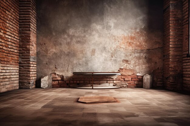 Ancient interior with a brick wall and a podium