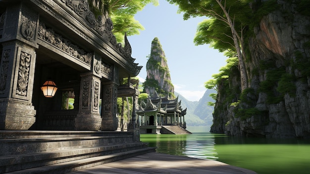 Ancient Island with Scattered Statues Unreal Landscape