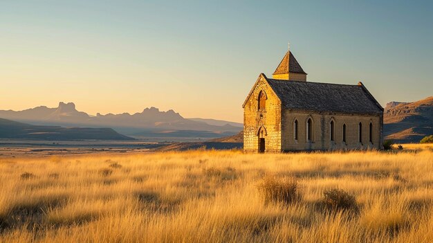 Photo an ancient isolated church surrounded by vast field with mountains in the backdrop