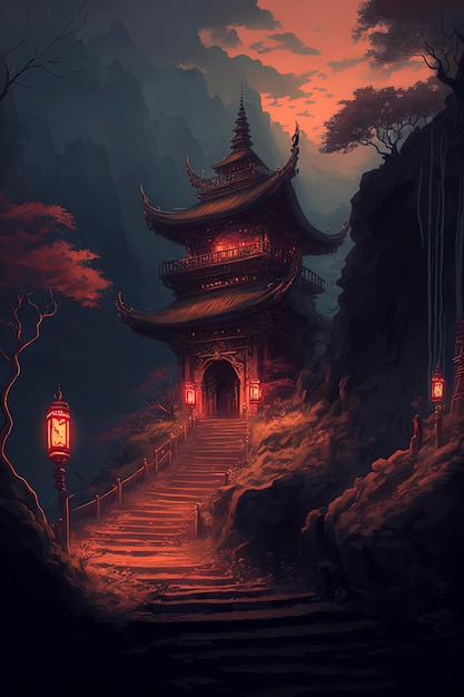 山の赤い門の上の古代日本の神社 パスに沿った夕暮れの提灯 ジェネレーティブ AI