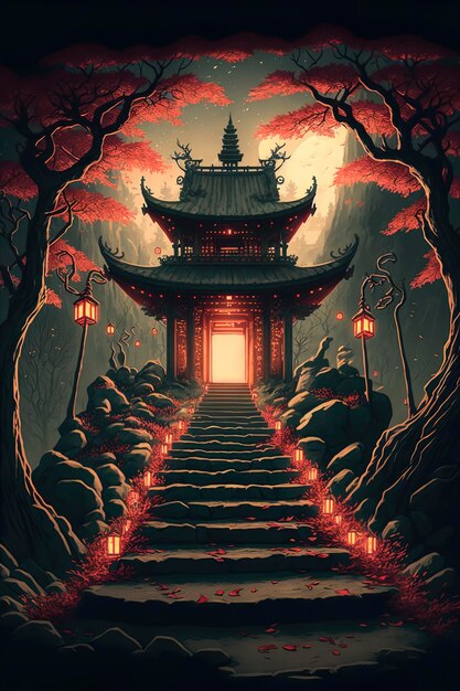 사진 경로를 따라 산 붉은 문 황혼 등불에 고대 일본 신사 generative ai