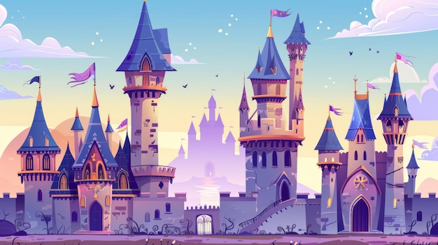 An ancient Kingdom castle or fortress with a magical medieval flag on the tower windows and gate for a book story or a game UI design This is a cartoon modern illustration set depicting a fantasy