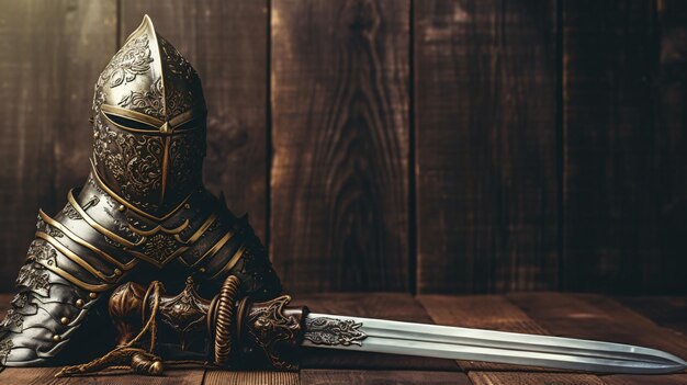 Фото Древний рыцарский меч и доспехи на деревянном столе