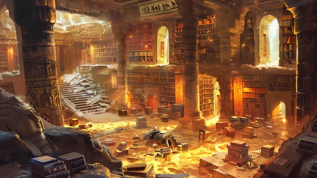 Photo an ancient library filled with glowing books and treasures