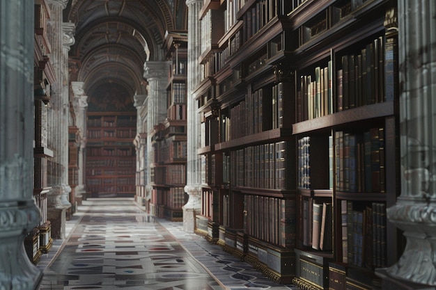 Ancient library with books containing the history