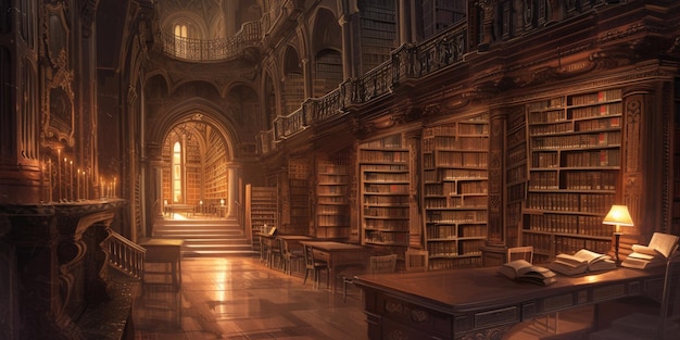 Photo an ancient library with towering bookshelves hidden alcoves resplendent