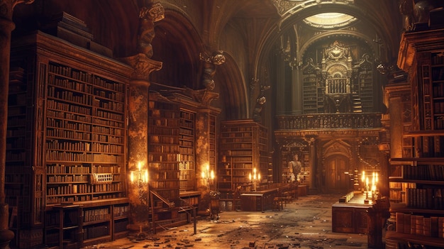 An ancient library with towering bookshelves hidden alcoves Resplendent