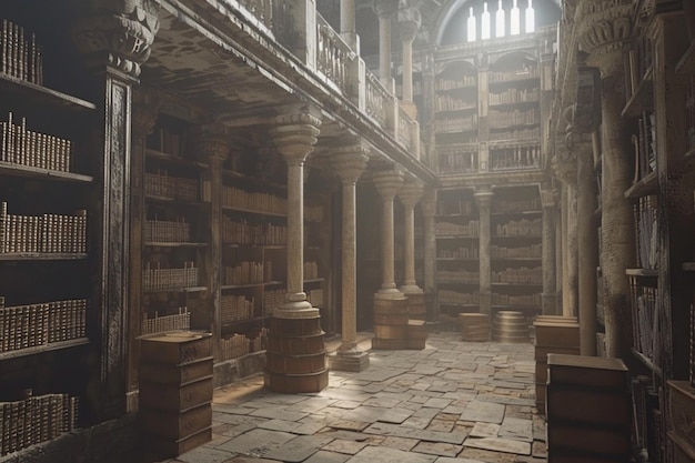 Ancient library with towering bookshelves and myst