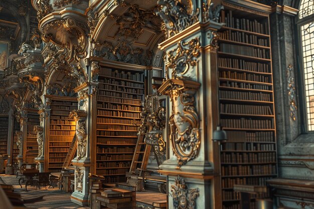 Foto antica biblioteca con scaffali torreggianti