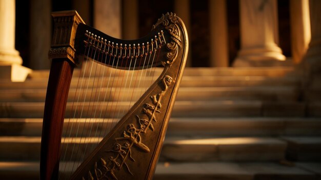 Photo ancient lyre adorned with runes music brings to life hidden knowledge and secrets