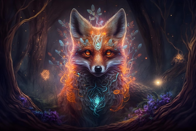 Ancient magical molten fox spirit in a mystical arcane forest generative ai