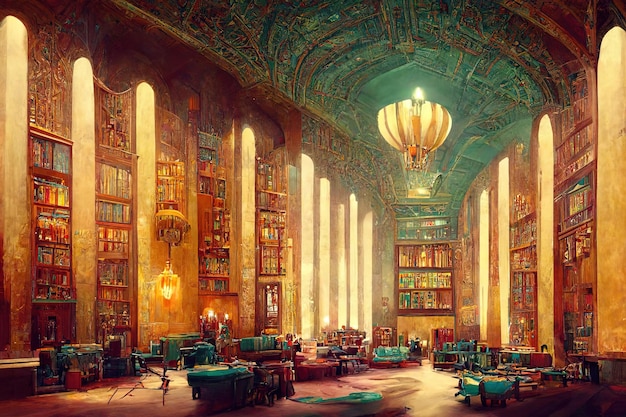 The ancient majestic hall of the library. Beautiful ceremonial hall with columns and arched ceilings