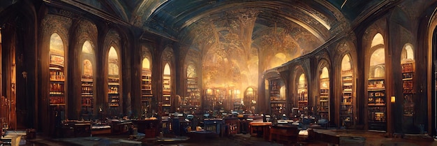 도서관의 고대 장엄한 홀. 기둥과 아치형 천장이 있는 아름다운 예식장