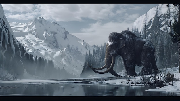 Ancient Mammoth in Frosty Winter Landscape