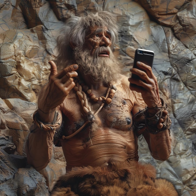 Photo ancient man takes a selfie modern technology in cavemen hands wild man with smartphone