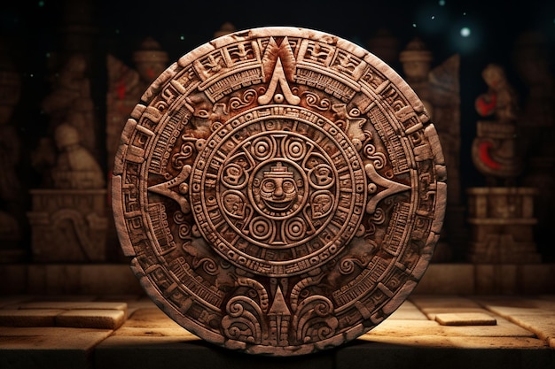 An ancient Mayan calendar stone with its intricate 00495 00