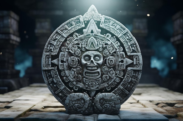 An ancient Mayan calendar stone with its intricate 00495 02