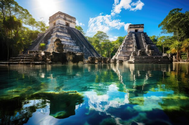 고대 마야의 유적지 Chichen Itza, Yucatan, 멕시코, 화려한 고대의 마야 사원 복합체, 날아다니는 인공지능 (AI)
