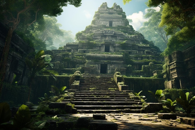 An ancient Mayan temple surrounded by lush jungle 00514 00