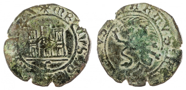 Ancient medieval fleece coin of the King Enrique IV. Maravedi. Spain.