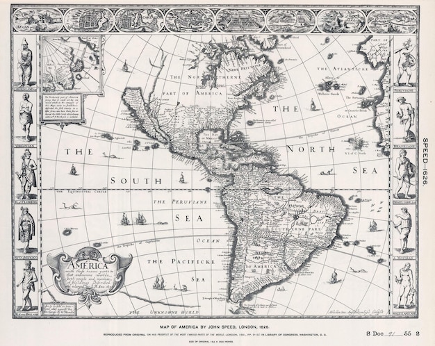 An ancient medieval map of North and South Americas by John Speed 1626