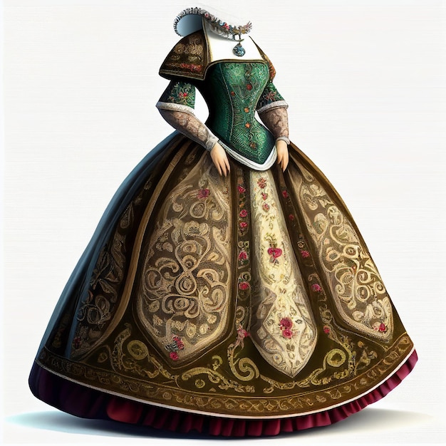 Старинное средневековое ретро винтажное красивое платье придворной дамы, украшенное кружевными драгоценными камнями
