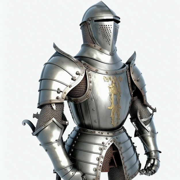 Ancient metal armor of a medieval knight warrior isolated on white closeup helmet armor