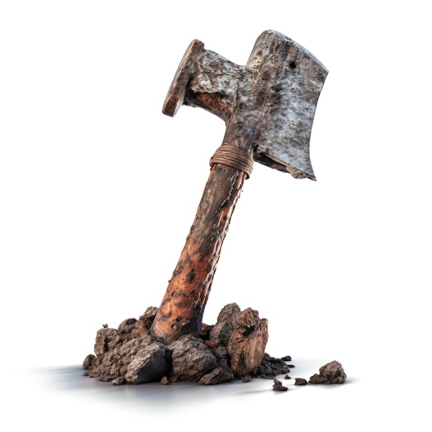 Photo ancient metal axe wood grip on dusty stone ground