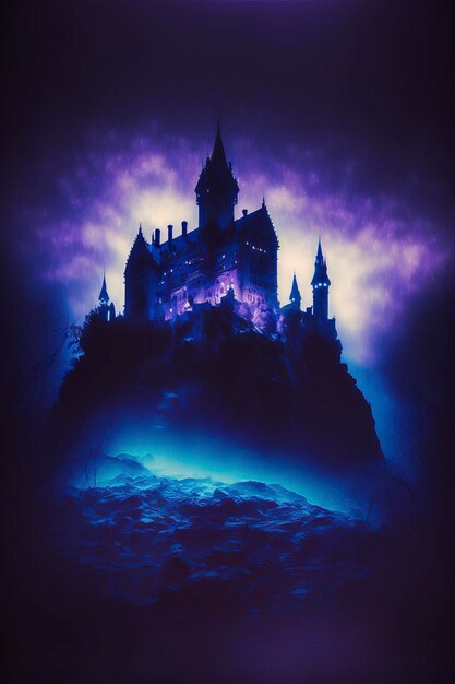 Ancient mist castle at night