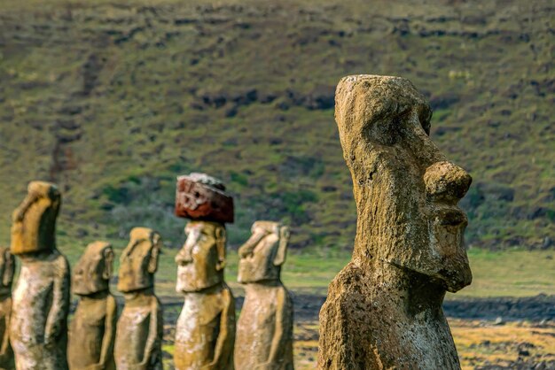 イースター島のアフ・トガリキの古代モアイ