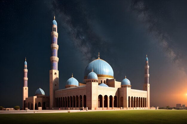 Photo a ancient mosque building tower dome epic dawn dramatic lighting dim light forest