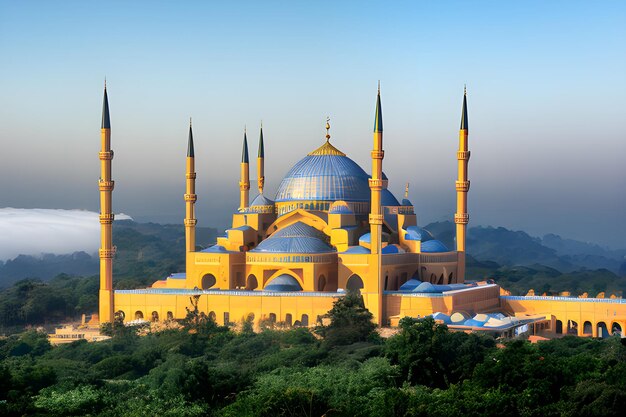 Photo a ancient mosque building tower dome epic dawn dramatic lighting dim light forest