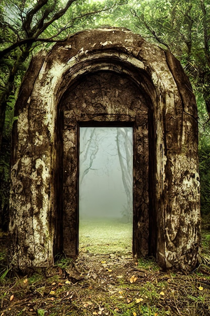 Foto antica porta mistica misteriosa nel mezzo di un'antica foresta oscura e cupa illustrazione generata da ai