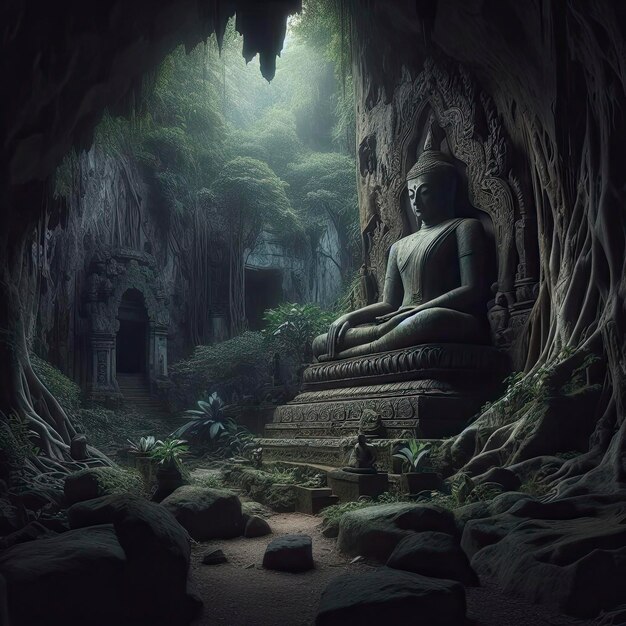 Ancient mysterious tall Stone Buddha Statue in jungle cave temple past civilization enlightenment