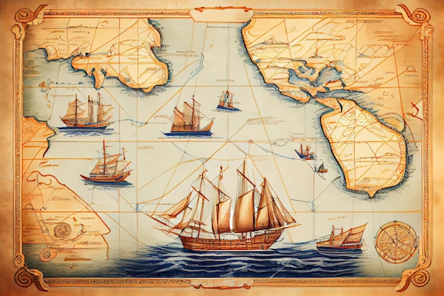 The ancient nautical map of the sea routes Generative Ai