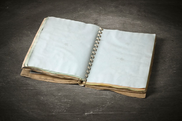 Ancient notebook open on the wood texture background